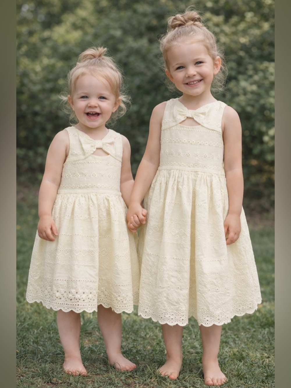 Set of 2 Little Girls' Yellow Eyelet Bow Front Dresses 4 & 2T Spring Summer